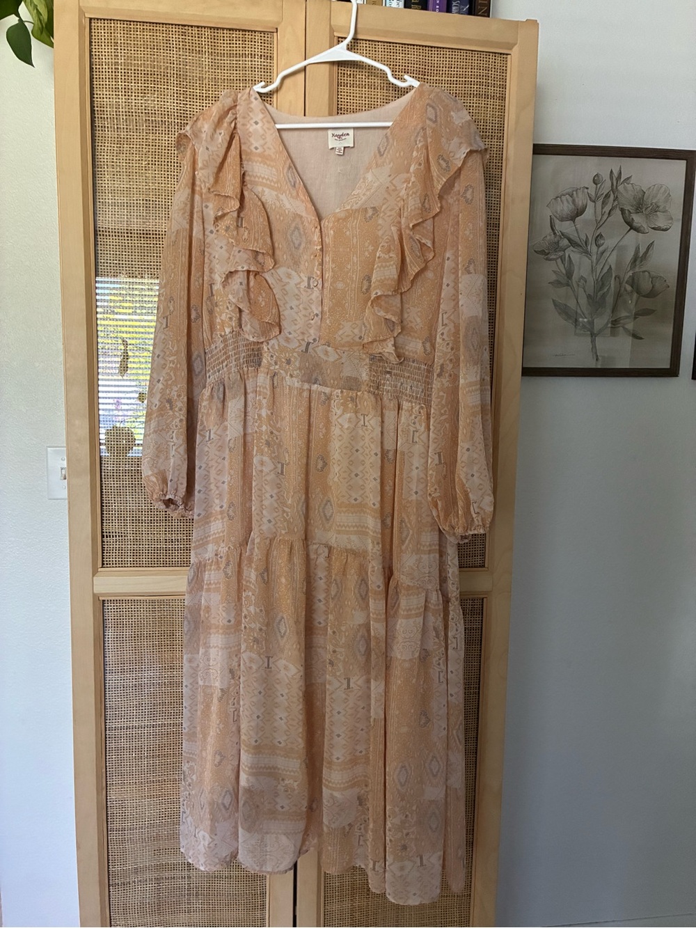 Hayden Peach Patterned Ruffle-Front Midi Dress